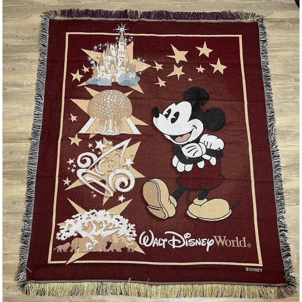 Mickey Mouse Walt Disney World Woven Throw Blanket Tapestry Castle Vintage 5'x4'